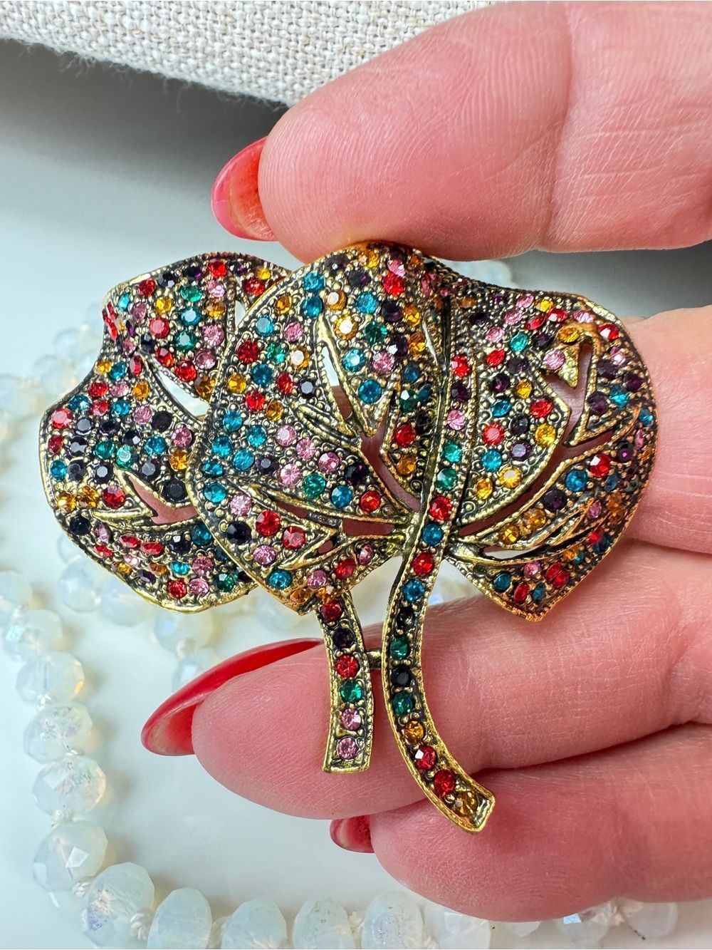 Multicolor Crystal Leaf Brooch Pin - Women's Jewelry